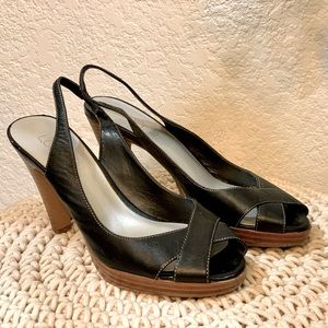 LOFT black sling backs with brown heel.